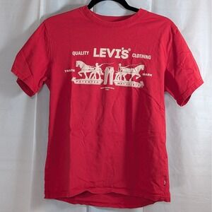 Levis Mens Sz M Red Two Horse Pull Logo T-Shirt Short Sleeve Crewneck Cotton